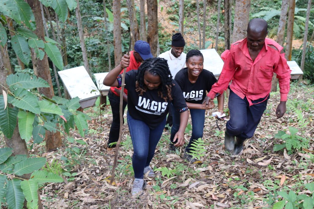 the team navigating steep slopes